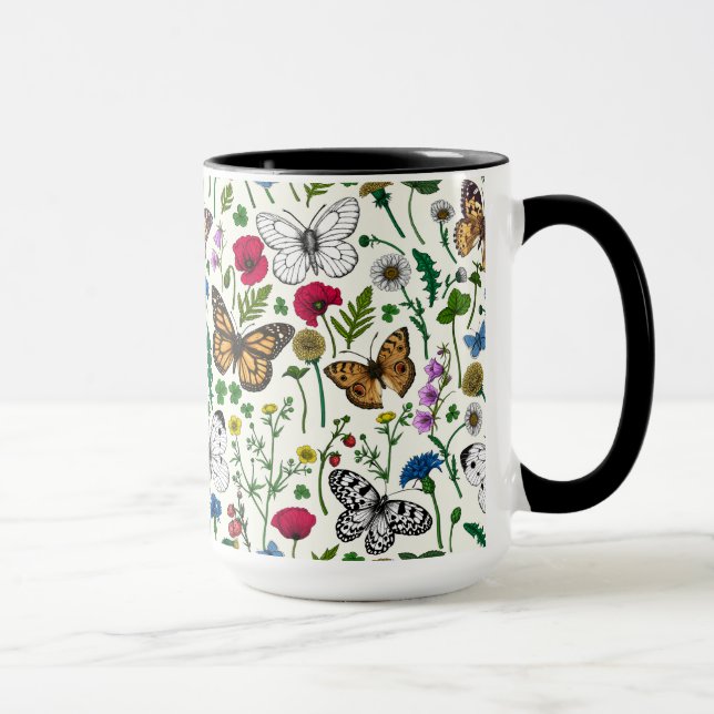 Wild flowers and butterflies on white mug (Right)