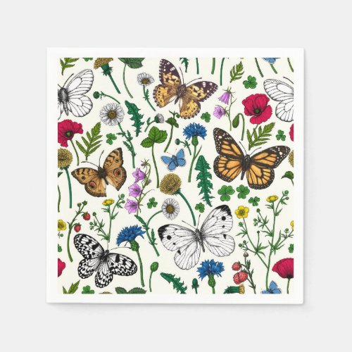 Wild flowers and butterflies on white napkins