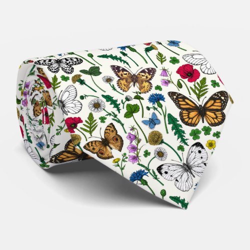 Wild flowers and butterflies on white neck tie