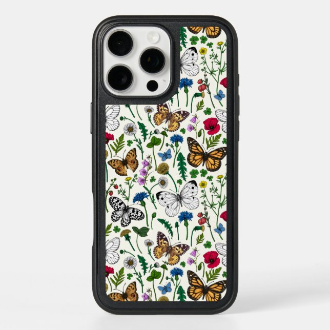 Wild flowers and butterflies on white otterbox iPhone case (Back)