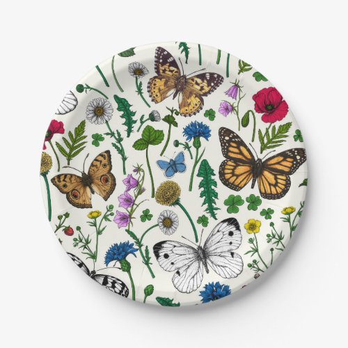 Wild flowers and butterflies on white paper plates