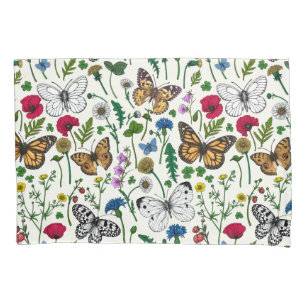 Wild flowers and butterflies on white pillow case
