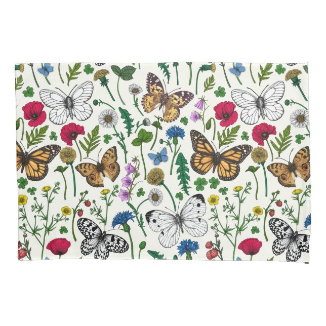Wild flowers and butterflies on white pillow case (Front-Left)
