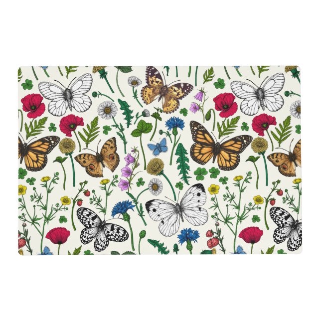 Wild flowers and butterflies on white placemat (Front)