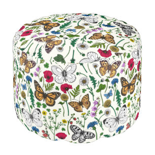 Wild flowers and butterflies on white pouf