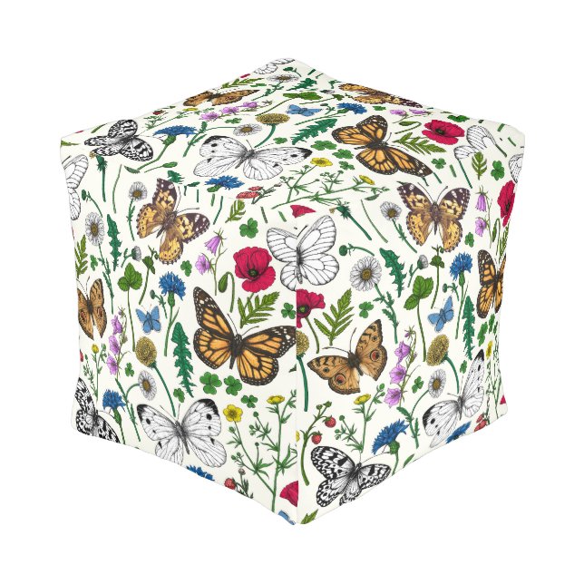 Wild flowers and butterflies on white pouf (Angled Front)