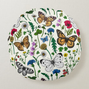 Wild flowers and butterflies on white round pillow
