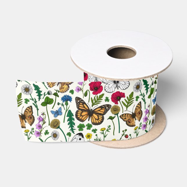 Wild flowers and butterflies on white satin ribbon (Spool)