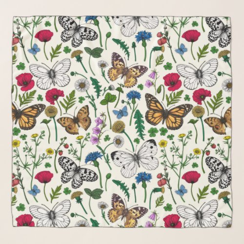 Wild flowers and butterflies on white scarf
