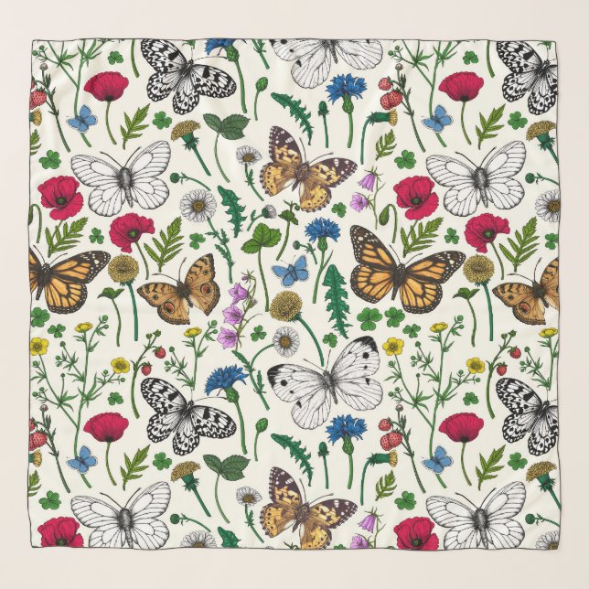 Wild flowers and butterflies on white scarf (Front)