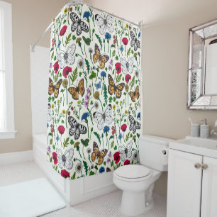 Wild flowers and butterflies on white shower curtain