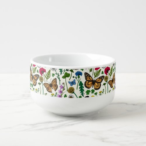 Wild flowers and butterflies on white soup mug