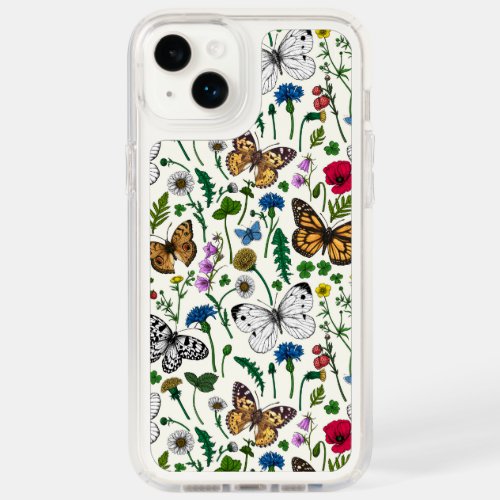 Wild flowers and butterflies on white speck iPhone 14 plus case