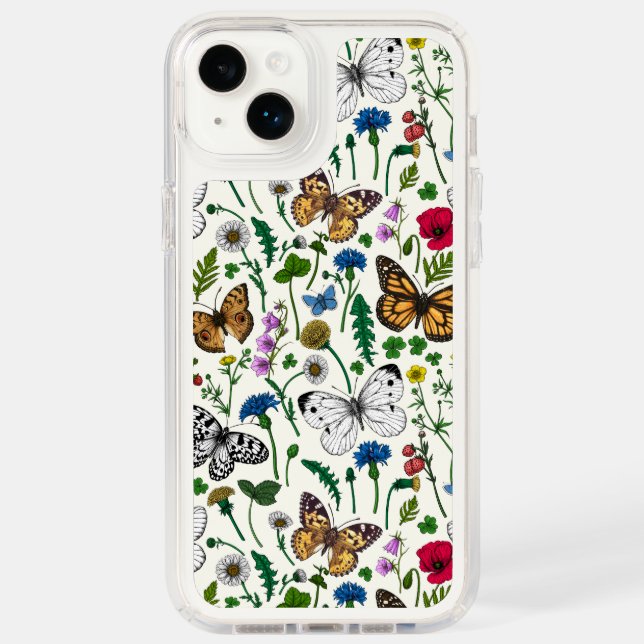 Wild flowers and butterflies on white speck iPhone case (Front)