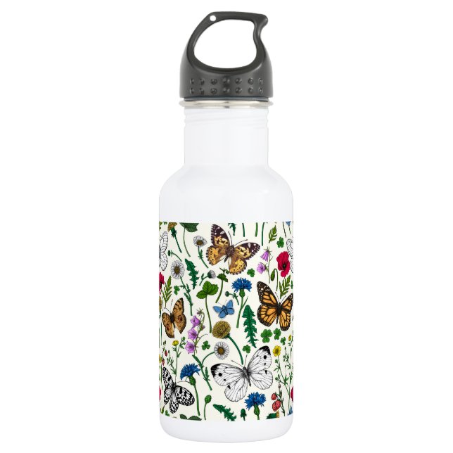 Wild flowers and butterflies on white stainless steel water bottle (Front)