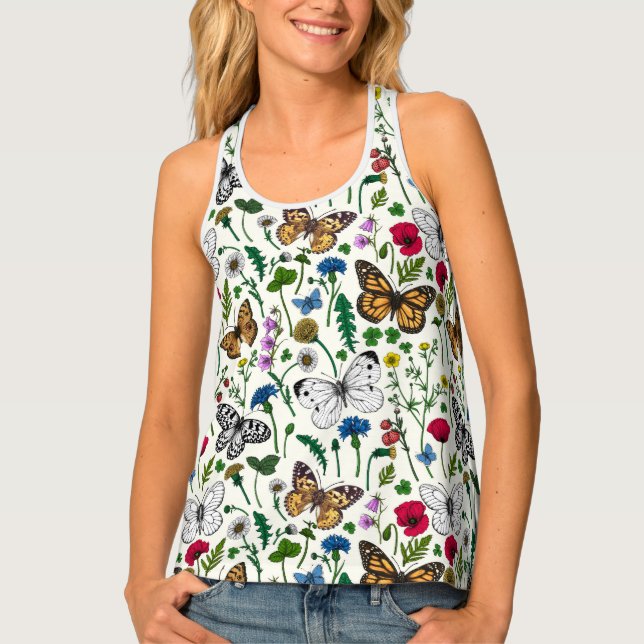 Wild flowers and butterflies on white tank top (Front)