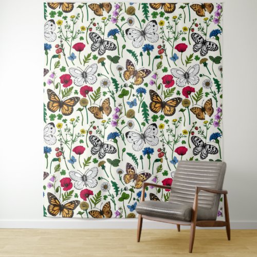Wild flowers and butterflies on white tapestry