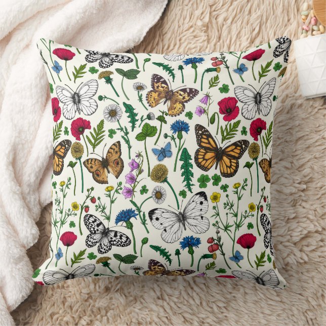 Wild flowers and butterflies on white throw pillow (Blanket)