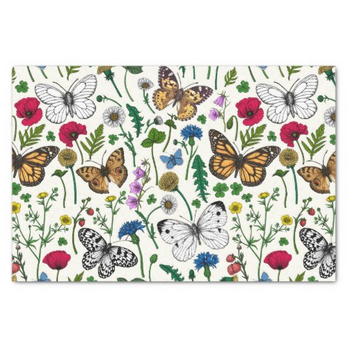 Wild flowers and butterflies on white tissue paper