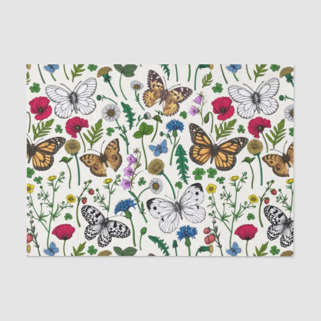 Wild flowers and butterflies on white tissue paper (Front)