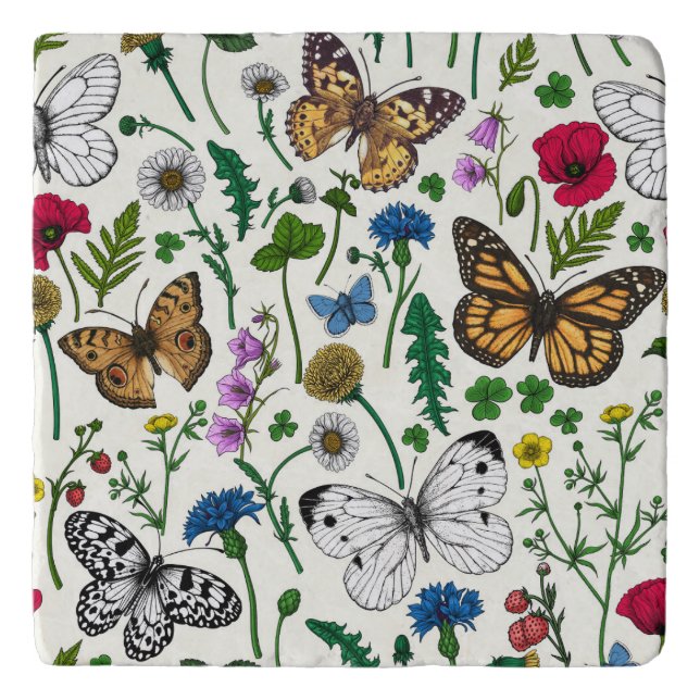 Wild flowers and butterflies on white trivet (Front)