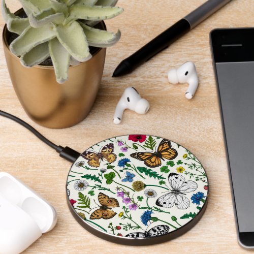 Wild flowers and butterflies on white wireless charger 