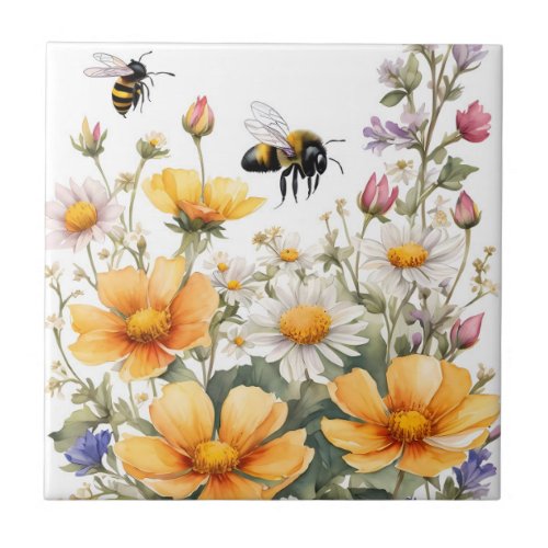Wild Flowers and Honey Bees Watercolor Ceramic Tile