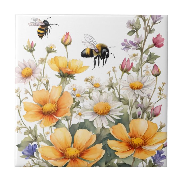 Wild Flowers and Honey Bees Watercolor Ceramic Tile (Front)