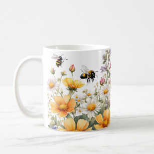 Wild Flowers and Honey Bees Watercolor Coffee Mug