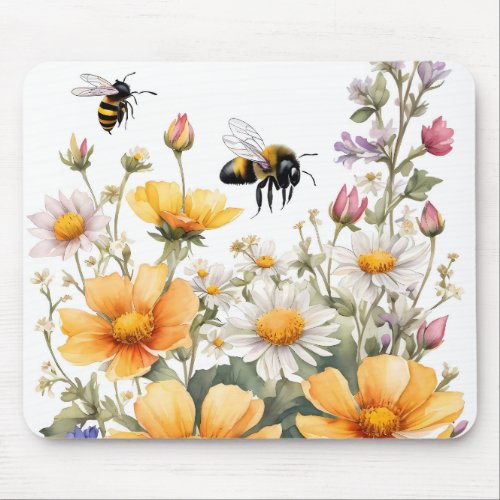 Wild Flowers and Honey Bees Watercolor Mouse Pad
