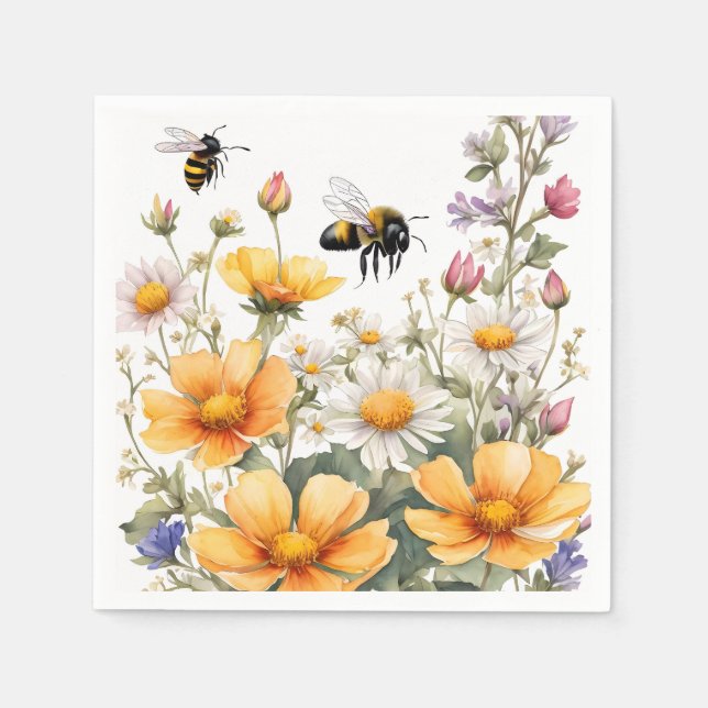 Wild Flowers and Honey Bees Watercolor Napkins (Front)