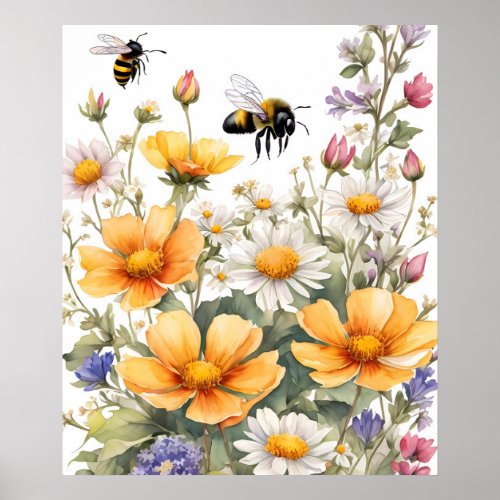 Wild Flowers and Honey Bees Watercolor Poster