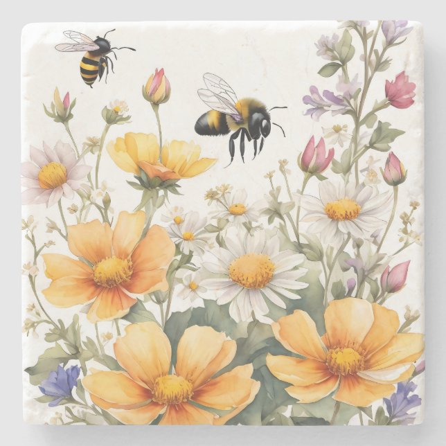 Wild Flowers and Honey Bees Watercolor Stone Coaster (Front)
