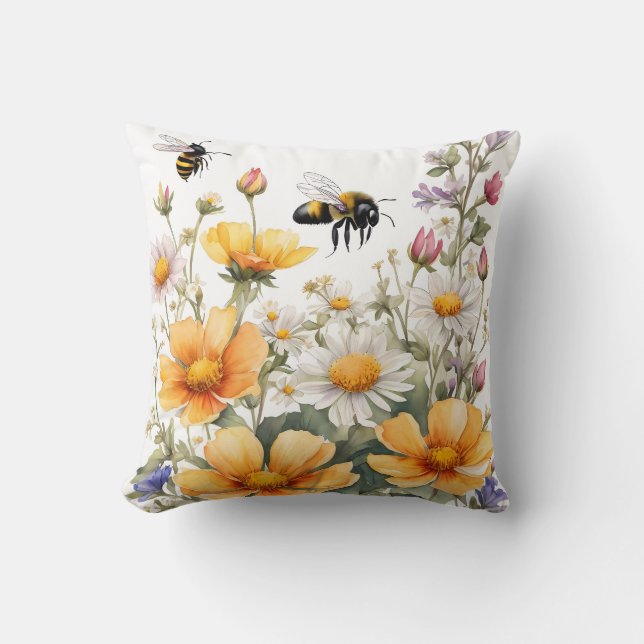 Wild Flowers and Honey Bees Watercolor Throw Pillow (Front)
