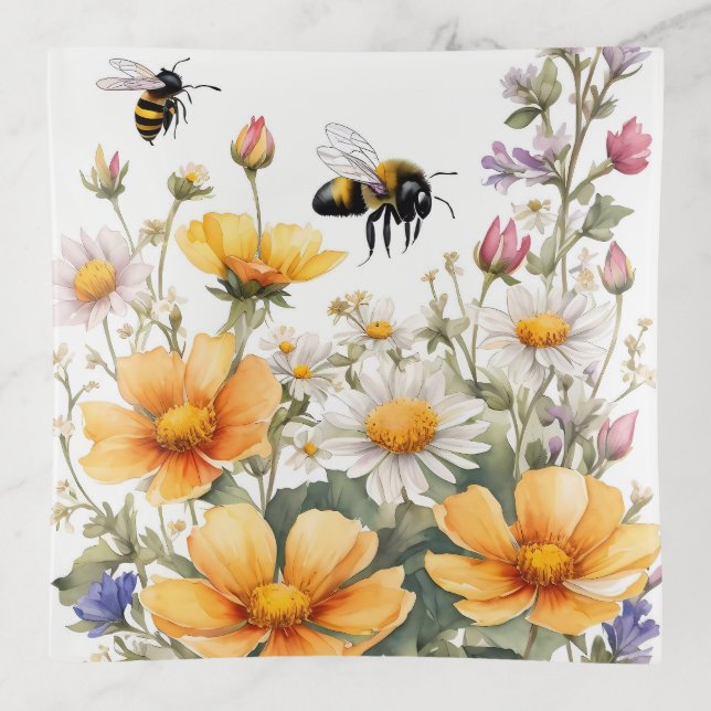 Wild Flowers and Honey Bees Watercolor Trinket Tray (Front)