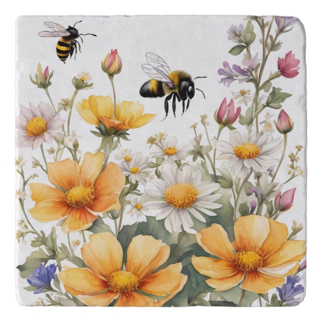 Wild Flowers and Honey Bees Watercolor Trivet (Front)