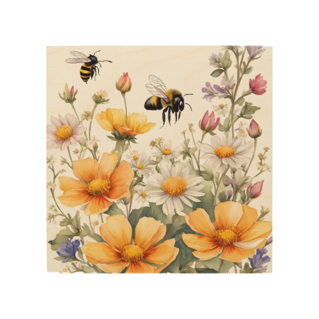 Wild Flowers and Honey Bees Watercolor Wood Wall Art (Front)