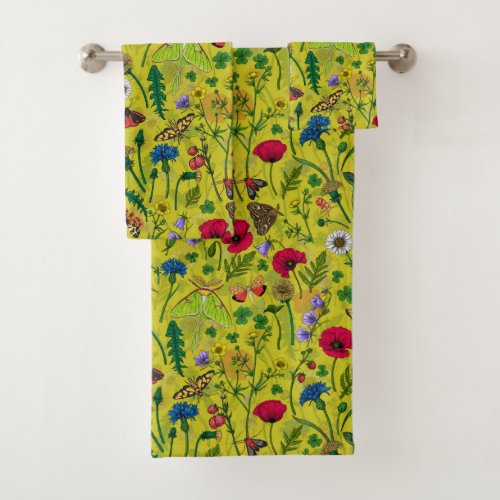Wild flowers and moths on green bath towel set