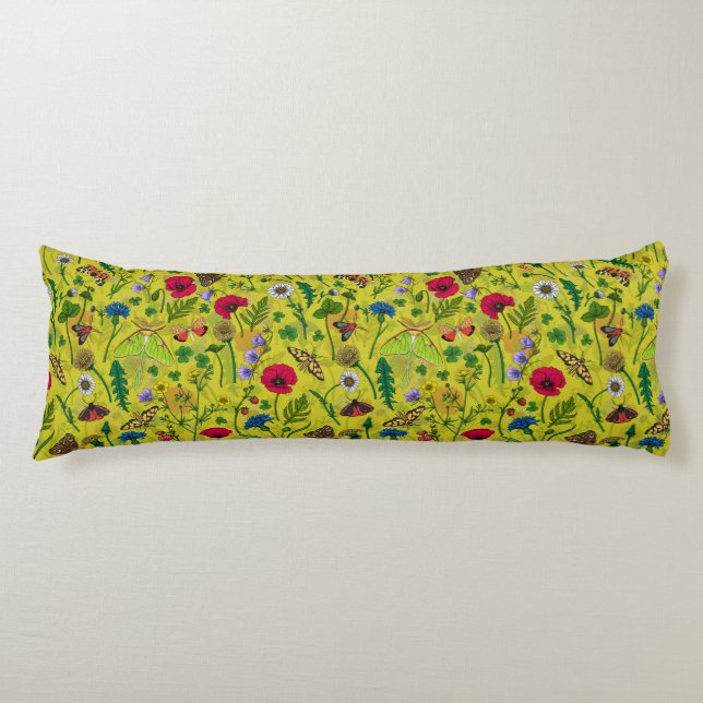 Wild flowers and moths on green body pillow (Front)