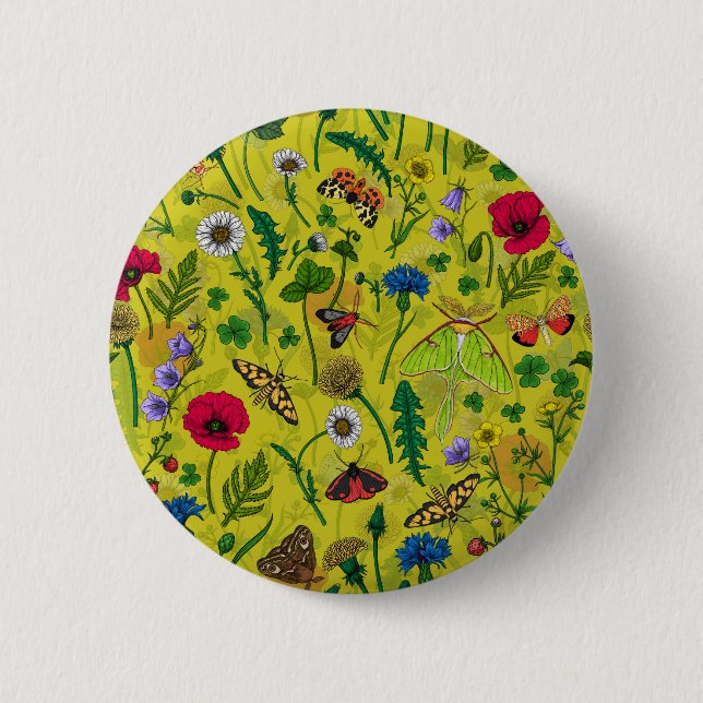 Wild flowers and moths on green button (Front)