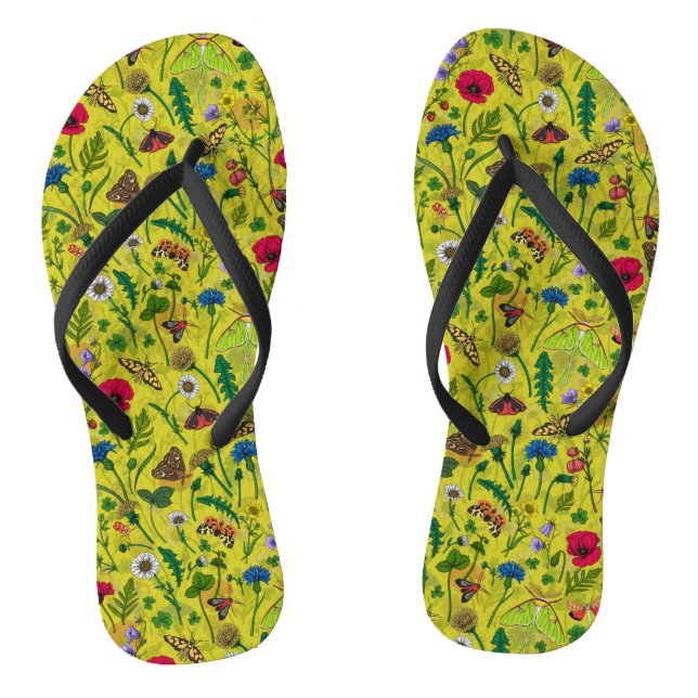 Wild flowers and moths on green flip flops (Footbed)