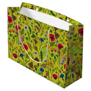 Wild flowers and moths on green large gift bag
