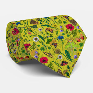 Wild flowers and moths on green neck tie