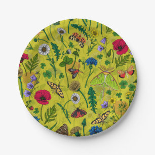 Wild flowers and moths on green paper plates