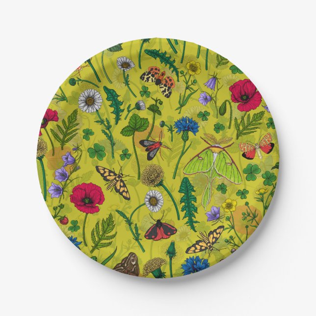 Wild flowers and moths on green paper plates (Front)