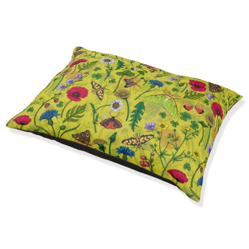 Wild flowers and moths on green pet bed