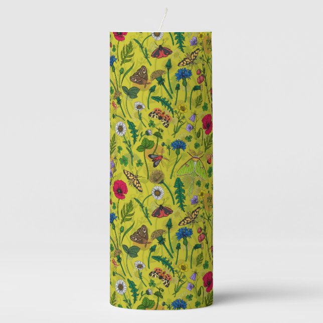 Wild flowers and moths on green pillar candle (Front)