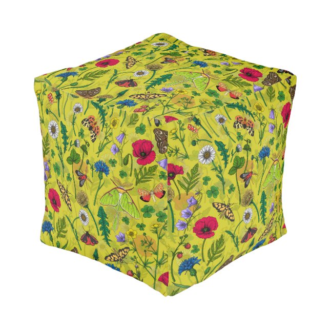 Wild flowers and moths on green pouf (Angled Front)