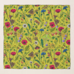 Wild flowers and moths on green scarf<br><div class="desc">Hand-painted collection of various wild flowers.</div>