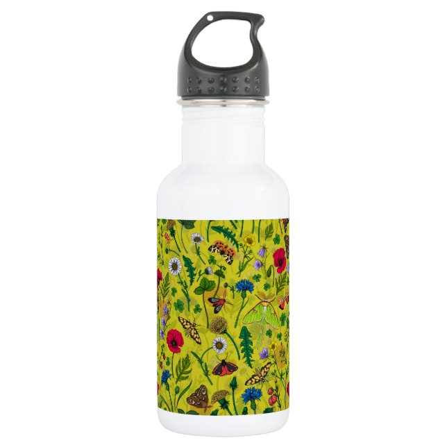 Wild flowers and moths on green stainless steel water bottle (Front)